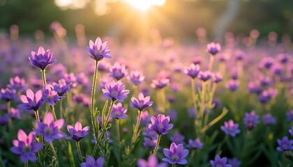 Obraz premium Field of Purple Flowers at Sunset with Sun Flare