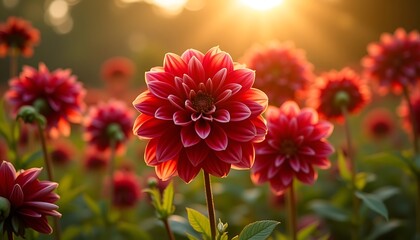 Red Dahlias Blooming in a Garden with Golden Sunlight