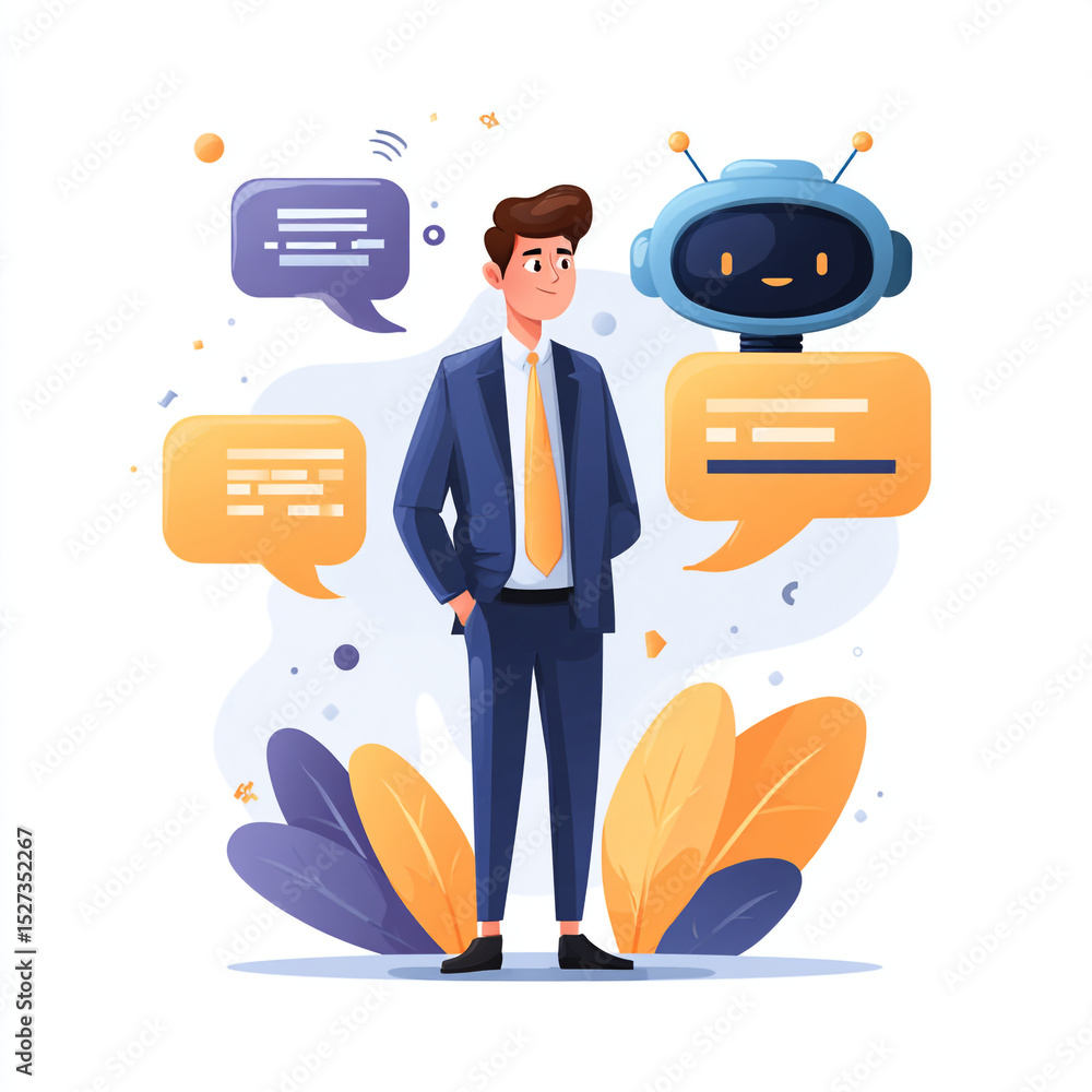 Poster illustration of a man in a suit with a robot and speech bubbles on a white background vector design