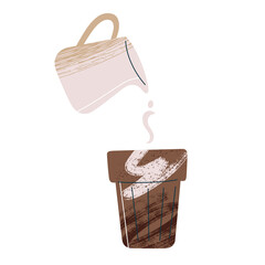 Vector illustration of cold brew coffee preparation with glass of brewed coffee and milk pouring from creamer. Refreshing drink, flat cartoon summer beverage icon, cafe menu, morning energy, food blog