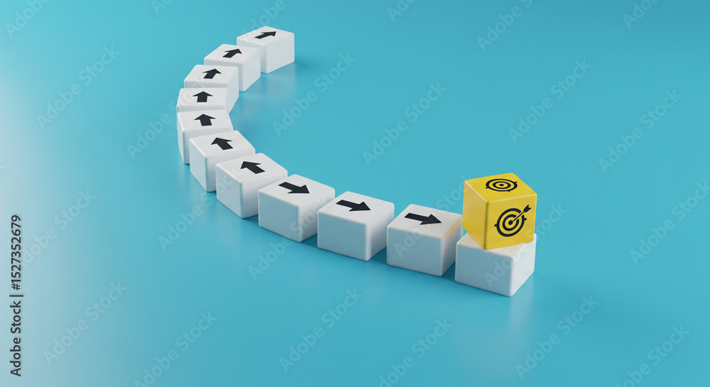 Aufkleber a yellow target block stands out from a row of white blocks with arrows on a blue background surface