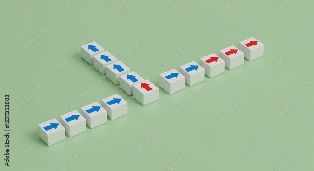 Poster white cubes with blue and red arrows arranged in a y shape on a light green surface representing cho