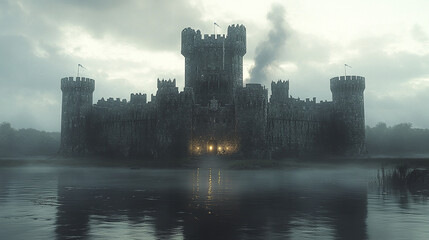 majestic castle surrounded by defensive walls and turrets, shrouded in mist and mystery