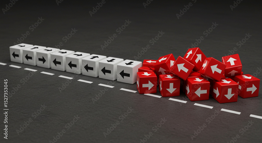Poster white cubes with left arrows in a line and red cubes with up arrows in a pile on a gray surface