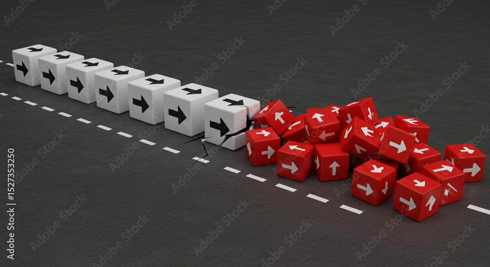 Poster white cubes with arrows in a line disrupted by red cubes on a road with a broken line marking