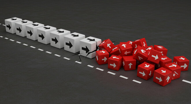 White cubes with arrows in a line disrupted by red cubes on a road with a broken line marking