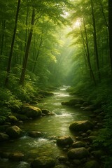 A serene forest scene featuring a flowing stream with mossy rocks and lush green trees in soft sunlight