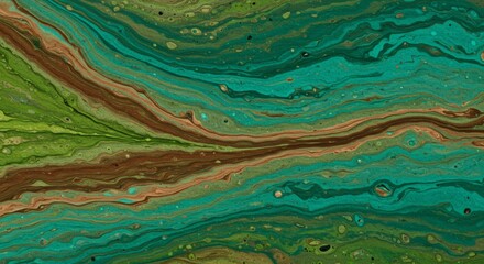 Naklejka premium Fluid Art Abstract Painting Swirling Greens, Browns, and Teal Hues