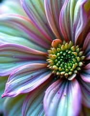 Obraz premium macro closeup of pastel fractal flower digital artwork in vibrant lime tones, subject positioned on the right, with ample copy space on the left for creative graphic design.