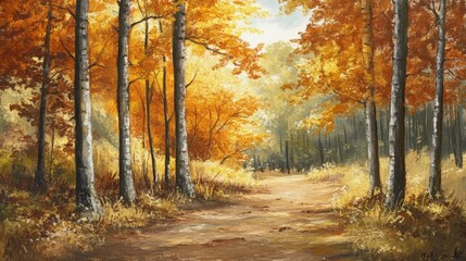 Golden Autumn Forest Path with Soft Sunlight Glow