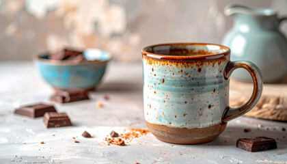 Close-up of handmade ceramic mug with speckled glaze, rustic kitchen background