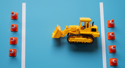 A yellow toy bulldozer between two white lines and orange traffic cones on a light blue background