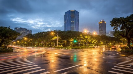 City Street at Night with Light Trails and Skyscrapers