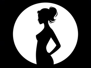 Silhouette of a woman with hair up, in profile view against a white circle.