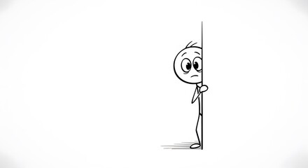 Fototapeta premium Anxious Stick Figure Peeks Around Corner, Awaiting Uncertain Fate, Evoking Suspense and Curiosity for Untold Story, Isolated on White Background