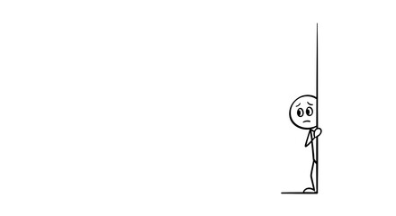 Stick Figure Peeking from Corner, Anxious, Uncertain: Expressing Shyness, Surprise, or Anticipation in Simple Black and White Design, Revealing Secrecy