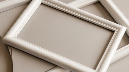White picture frames overlapping on a beige background, creating a minimalist and elegant design.