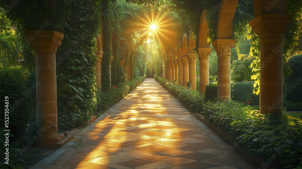 Poster serene garden pathway with sunlight filtering through ivy covered columns, creating tranquil