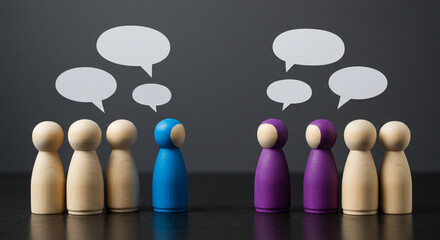 Wooden figures with speech bubbles representing communication and discussion between different groups of people