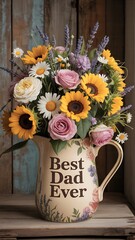 A beautiful bouquet of sunflowers, roses, and daisies in a 'Best Dad Ever' jug.