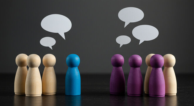 Wooden figures in groups with speech bubbles suggesting communication and differing opinions on a dark background