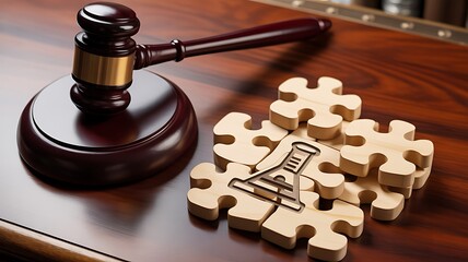 A judge's gavel rests near wooden puzzle pieces depicting a science beaker, symbolizing legal issues in science.