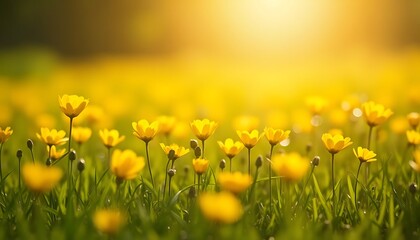 Obraz premium Field of Yellow Flowers in Sunlight with Green Grass