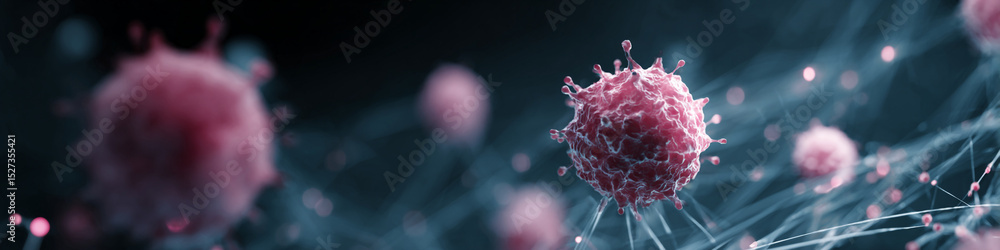 Poster microscopic view of cells with spikes and connecting strands on a dark blue gradient background