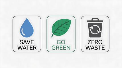 Three eco-friendly icons promoting water conservation, going green, and zero waste.