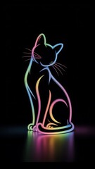 A vibrant, neon-colored outline of a cat sitting gracefully, illuminated against a dark background.