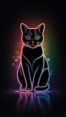 A neon-outlined black cat sits serenely, radiating rainbow hues.