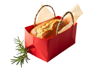 Red paper bag with rustic loaf of bread, golden crust, rosemary sprig beside, warm home-baked style PNG file isolated on transparent background