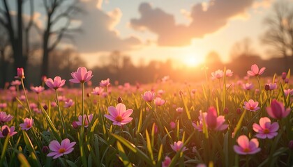 Fototapeta premium Pink Flowers in a Field at Sunset with Golden Light
