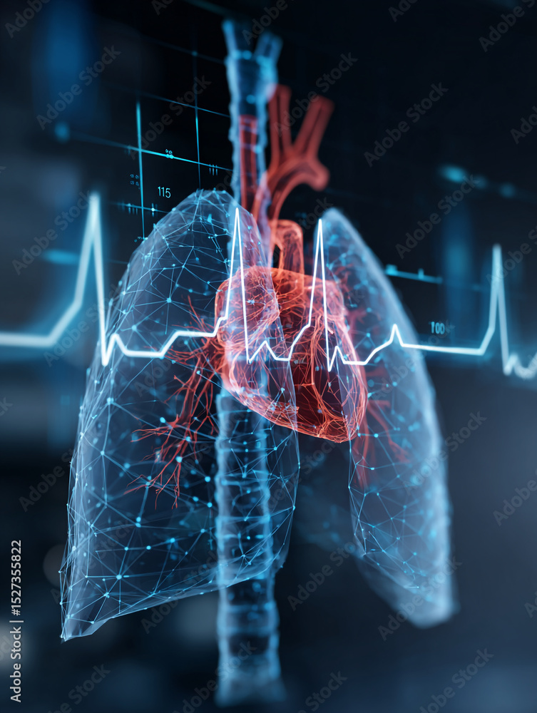 Aufkleber digital rendering of heart and lungs with ekg line overlayed on a dark blue background design view