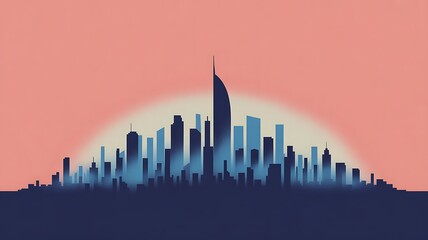 Stylized cityscape at sunset, featuring a prominent skyscraper, minimalist aesthetic.