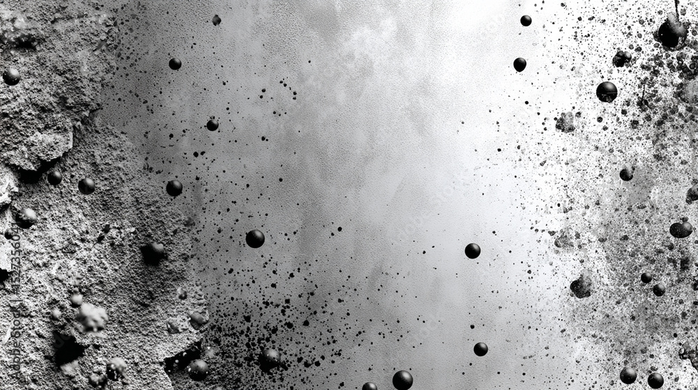 Poster abstract grayscale art with floating spheres and textured backgrounds of concrete surfaces
