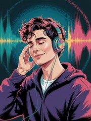 A young man serenely enjoys music through headphones, immersed in sound waves.