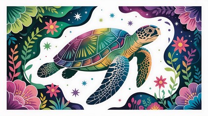 A vibrant, colorful sea turtle gracefully swims amidst a blooming, starlit floral paradise.