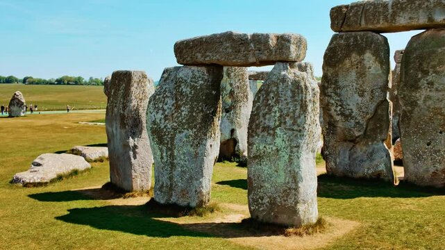 Monolithic sarsen stones forming concentric rings beneath open skies on Salisbury Plain, Stonehenge, Salisbury, Wiltshire, England, UK