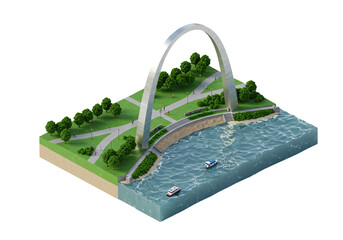 Isometric Illustration of the Gateway Arch National Park: A Modern Rendering of St. Louis' Iconic Landmark with Lush Greenery, the Mississippi River, and Tourist Boats