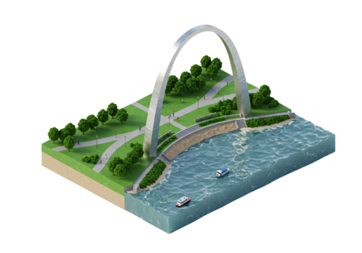 Isometric Illustration of the Gateway Arch National Park: A Modern Rendering of St. Louis' Iconic Landmark with Lush Greenery, the Mississippi River, and Tourist Boats