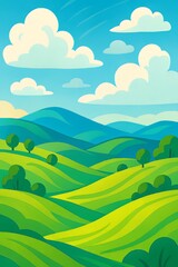 A vibrant landscape illustration featuring rolling green hills and a bright blue sky with fluffy clouds