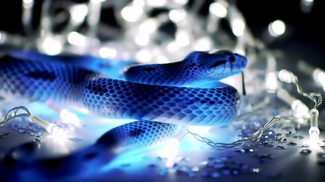 Glowing blue snake coiled amidst bright white string lights