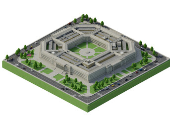 Isometric View of the Pentagon: A Detailed Architectural Illustration of the U.S. Department of Defense Headquarters in Arlington, Virginia, Showcasing Roads, Traffic, and Greenery