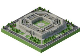 Isometric View of the Pentagon: A Detailed Architectural Illustration of the U.S. Department of Defense Headquarters in Arlington, Virginia, Showcasing Roads, Traffic, and Greenery