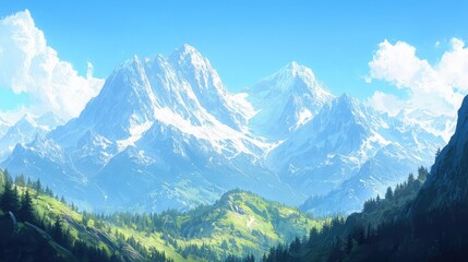 Majestic Snow Capped Mountain Landscape with Blue Sky and Lush Valley