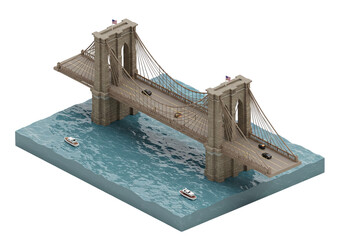 Isometric Brooklyn Bridge Miniature: A Detailed 3D Render of Iconic Landmark with Cars, Boats, and...
