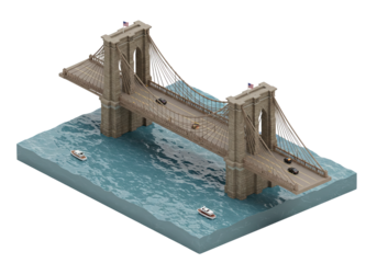 Isometric Brooklyn Bridge Miniature: A Detailed 3D Render of Iconic Landmark with Cars, Boats, and Waving American Flags on the Top of the Stone Towers in a Stylish Isolated Composition