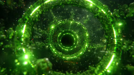 Abstract Green Tunnel with Glowing Lights and Organic Elements in a Digital Artwork