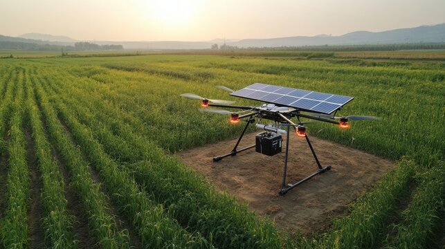 mobile drone station recharging via solar power, supporting continuous crop monitoring and spraying on remote smart farms.